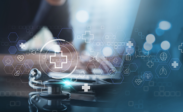 graphic depicting a biomedical researcher with various data types overlaying the image