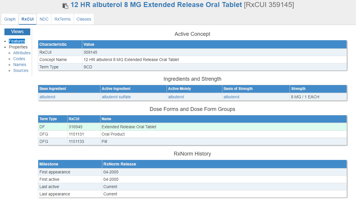 RxNorm properties view for RxCUI=208848